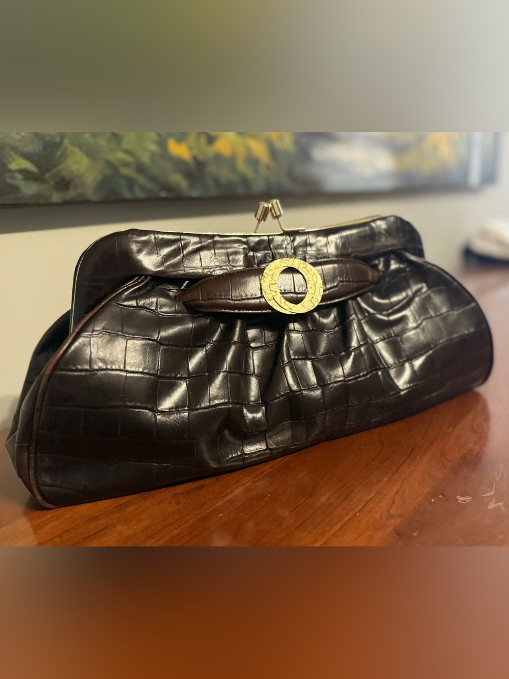 Vintage Banana Republic Genuine Leather Oversized Kiss Lock Clutch Bag 😍